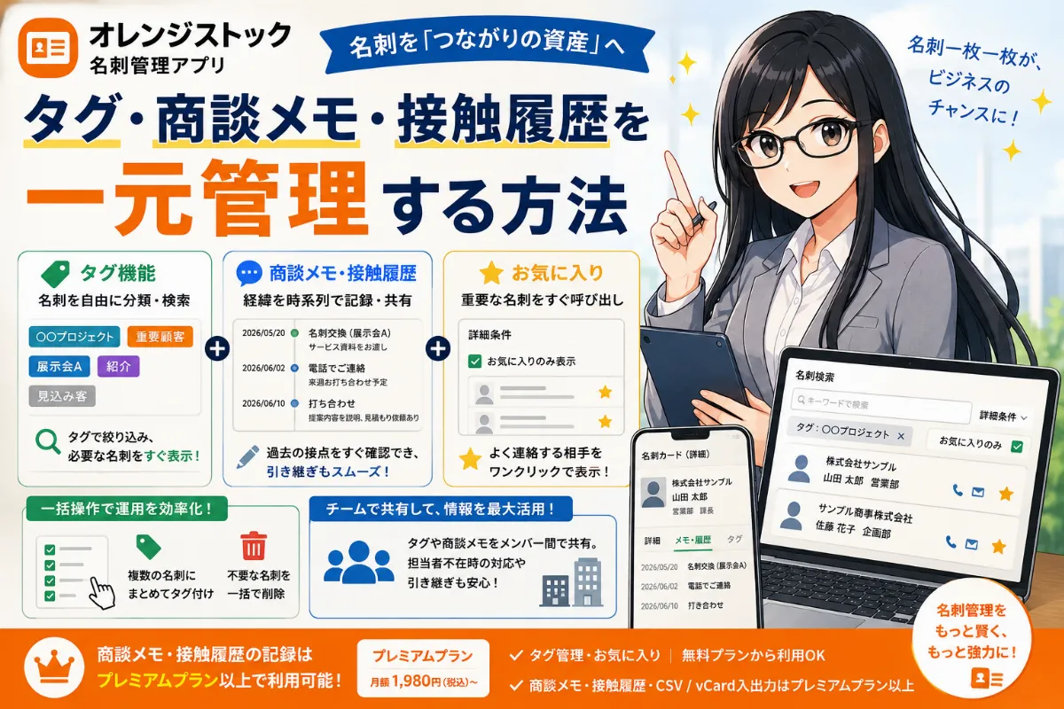 名刺にタグや商談メモが紐づいて管理されている様子を表すイメージ